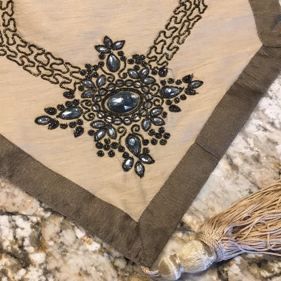 Table runner with embellishment. One small spot. 71” Tan with shimmer brown trim - Picture 2 of 4